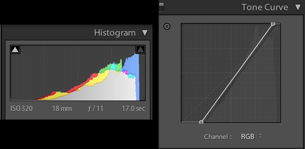 Original histogram (left) and the curve tool (right) with adjusted black and white anchor points